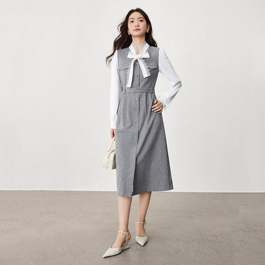 【内购】【拼接连衣裙】拼接蕾丝花边系带领浅金纽扣腰带可拆连衣裙-153LI2742 商品图2