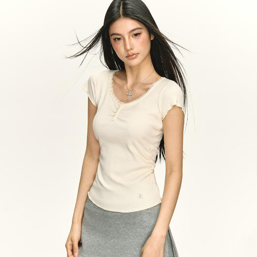 Ariseism 美式复古设计感奶黄色蕾丝边边短袖t恤女夏季新款 商品图2