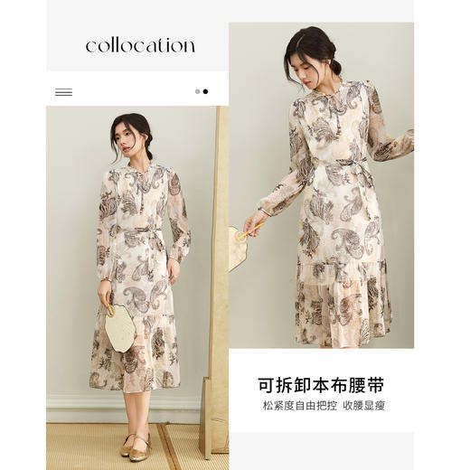 【内购】【腰果花】优雅民族风木耳边立领可拆卸腰带A字印花雪纺连衣裙-Q53LI3747 商品图2