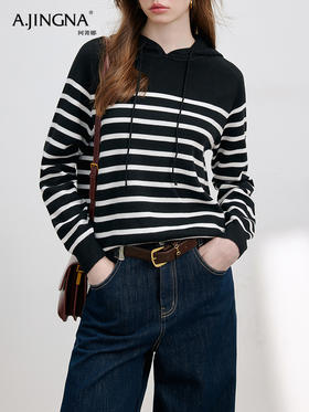 【温暖秋日】阿菁娜悠闲假期条纹羊毛纱线连帽衫F30Q302055