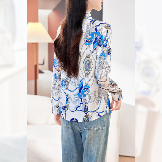 AS 0112桑蚕丝趣味印花真丝衬衫polo领长袖花色通勤衬衣 商品图3