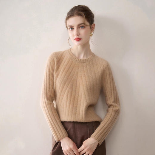 「自」全新升级【铂金会员514/天猫699/差价185】(55800)洛诗琳新款竖条100%羊绒衫2025秋冬圆领套头纯色修身毛衣女 商品图2