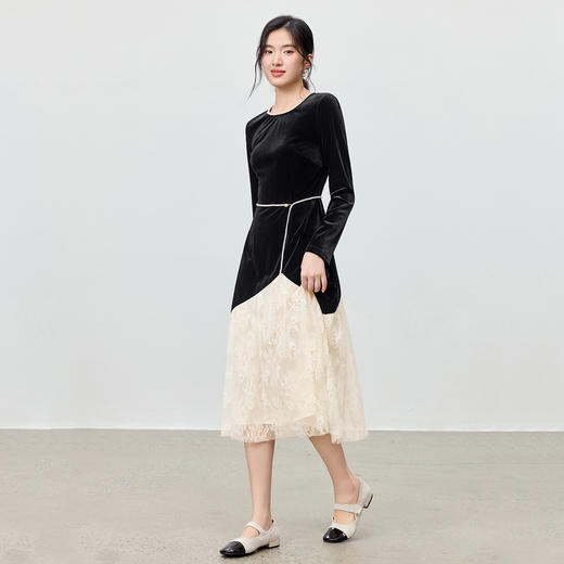 【内购】【撞色假两件】优雅通勤珍珠织带圆领可拆卸珍珠腰带蕾丝连衣裙-153LI3207 商品图2