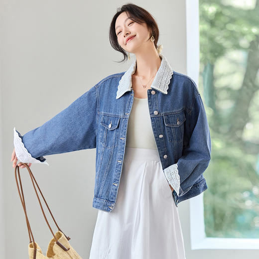 【内购】【拼接蕾丝】简约通勤翻领长袖含再生纤维素&亲肤棉两穿牛仔外套-W51W80410 商品图3