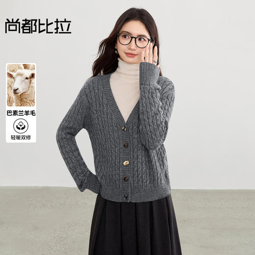 【内购】【巴素兰羊毛】简约通勤V领撞色异形扣麻花绞花肌理开衫针织衫-W53HB3137 商品图0