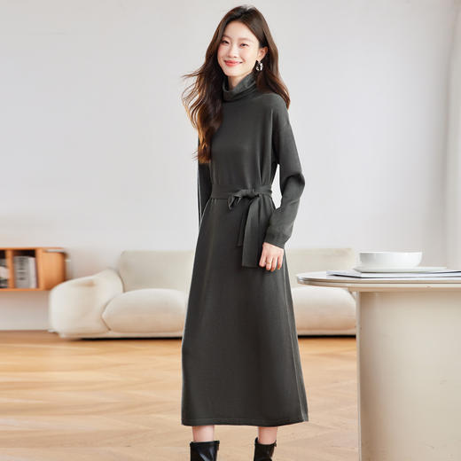 AS8515半高领打底毛衣裙女秋冬爆款系带高级感宽松遮肚配大衣针织连衣裙 商品图3
