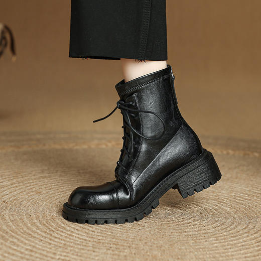 【预售7天】秋冬软皮圆头系带粗跟马丁靴弹力高跟短靴长筒靴XH&M9357D 商品图2