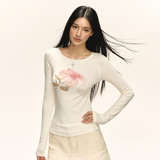 Ariseism 美式复古设计感花花带钻紧身长袖t恤女秋季新款修身上衣 商品图0