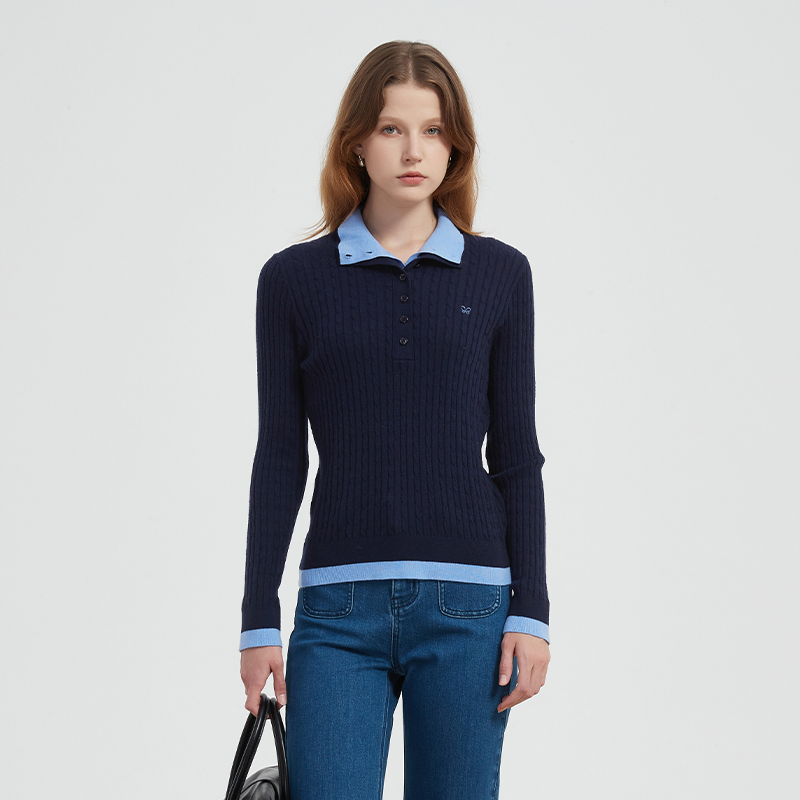 【2件9折】【Petit Bari】(多色)高级拼色假两件半开领绞花针织衫上衣羊毛