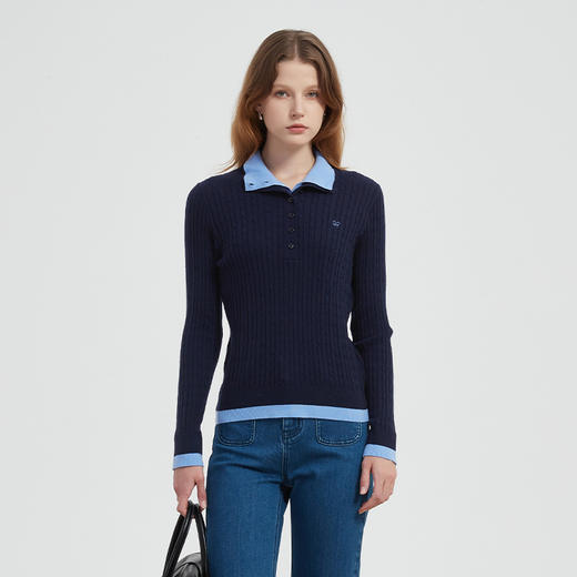 【2件9折】【Petit Bari】(多色)高级拼色假两件半开领绞花针织衫上衣羊毛 商品图0