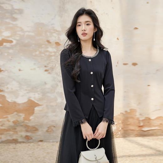 奢姿大码女装2025秋季胖妹妹时尚水钻装饰气质蕾丝拼接圆领上衣9953253603A 商品图0