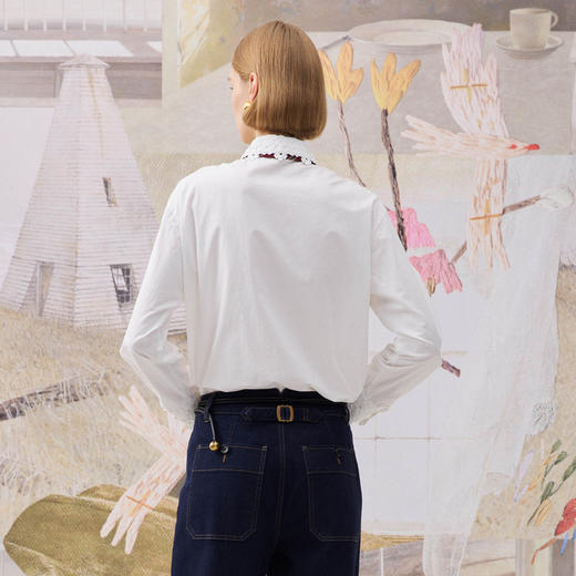 谜底白衬衣长袖2025年冬季新品通勤纯棉蕾丝花边衬衫女254MC1459 商品图2