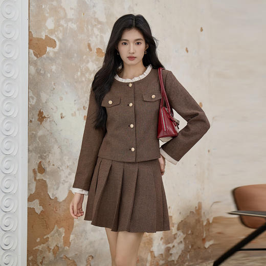 奢姿大码女装2025秋季时尚花边设计圆领外套百褶半身裙两件套装9953994238AB 商品图1