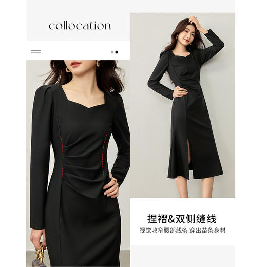 【内购】【小蛮腰】通勤上班气质方领泡泡袖收腰显瘦长袖鱼尾小黑裙连衣裙-153LJ2682 商品图3
