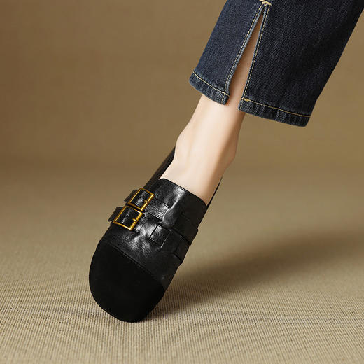 【预售5天】复古巨好穿平跟真皮羊皮单鞋女圆头深口皮带扣拼色女鞋四季百搭SSS&S9172 商品图2