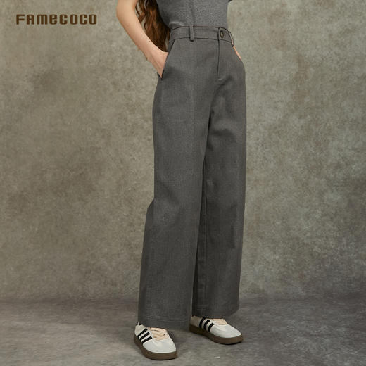 Famecoco设计师款中性风阔腿裤纯棉百搭高腰休闲裤长裤FAC6GA017 商品图3