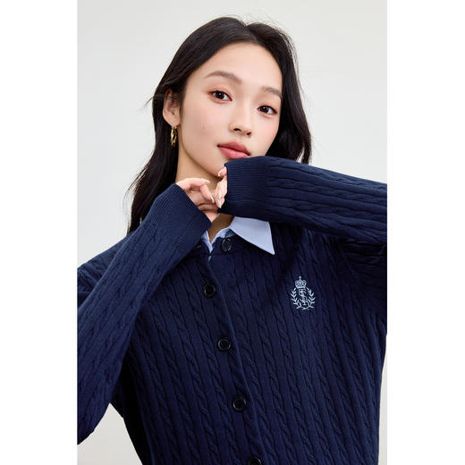 【内购】【厚实保暖】知识分子学院风圆领徽章刺绣麻花肌理弹力开衫毛衣-W53EB2689 商品图1