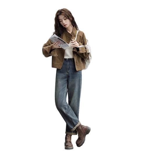 复古咖色牛仔短外套2026春秋新款小众宽松立领工装夹克上衣女 商品图4