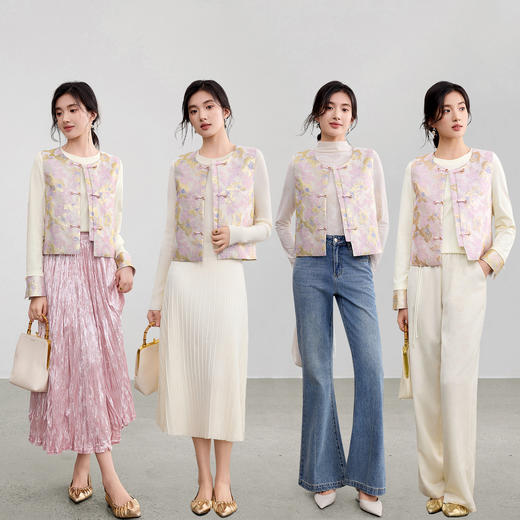 【内购】【唐宋远黛系列】通勤国风圆领珠子盘扣三色金丝提花织锦短款马夹-153JD1942 商品图2