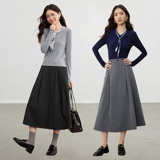 【内购】【针织半裙两件套】都市V领针织丝巾系带大裙摆两件套-W53ZA3468 商品图2