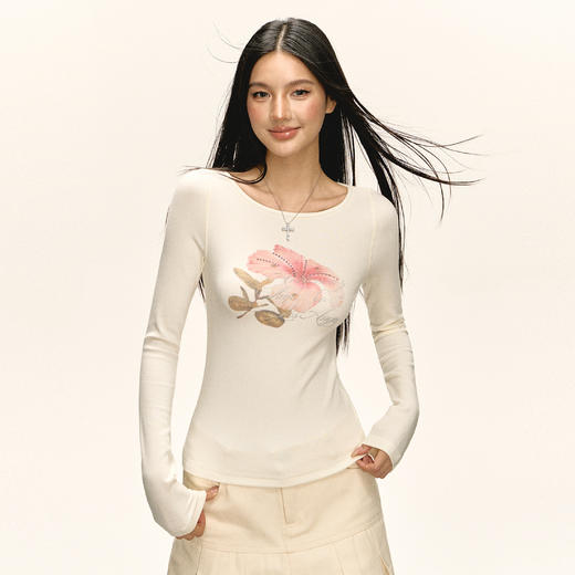 Ariseism 美式复古设计感花花带钻紧身长袖t恤女秋季新款修身上衣 商品图1