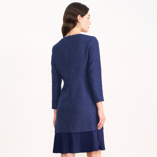 EITIE爱特爱亮片粗花呢气质圆领直筒百褶蓝色连衣裙2025秋冬新款D2507915 商品图4