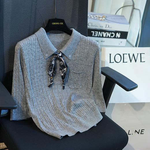 2025丝巾系带绵羊毛翻领短袖针织衫上衣女毛衣25秋季新款！ 商品图2