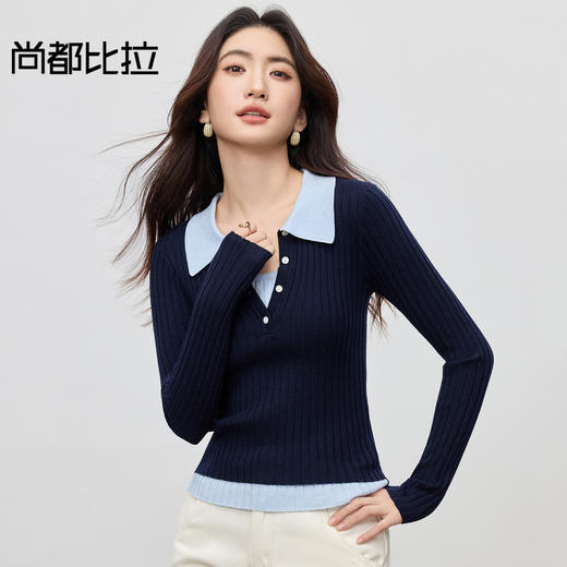 【内购】【假两件云朵衫】含绵羊毛通勤撞色拼接polo领/翻领半开襟针织衫-W53HJ3422 商品图0