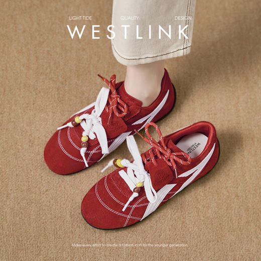 西遇复古德训鞋女新款秋季超火赛车鞋休闲轻便平底红色运动鞋V1857085 商品图2