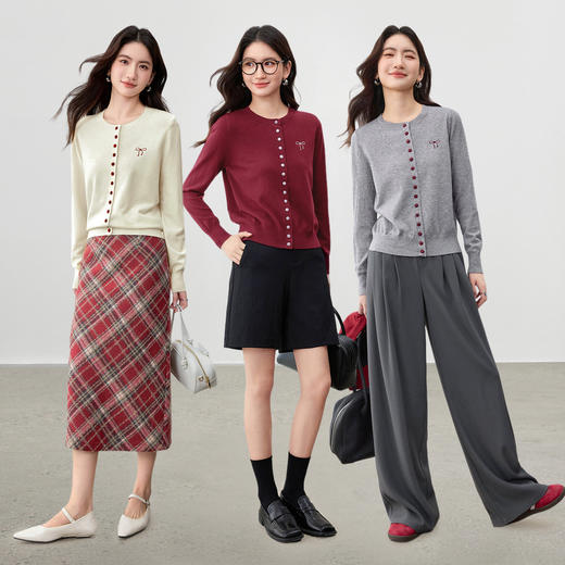 【内购】【多色可选】通勤圆领撞色蝴蝶结刺绣单排扣弹力软糯长袖针织衫-W53HE3393 商品图2