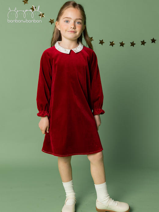 酒红星星绣花丝绒连衣裙 商品图4