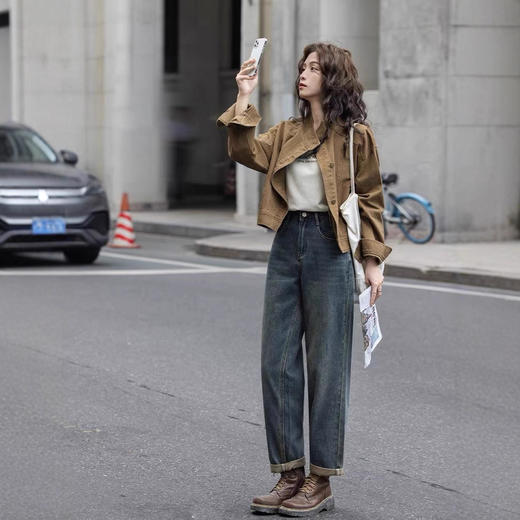 复古咖色牛仔短外套2026春秋新款小众宽松立领工装夹克上衣女 商品图1