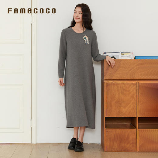 Famecoco文艺范圆领纯色简约时尚O型百搭连衣裙春秋款FAB6FA030 商品图2