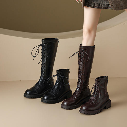 【预售7天】秋冬软皮圆头系带粗跟马丁靴弹力高跟短靴长筒靴XH&M9357D 商品图0