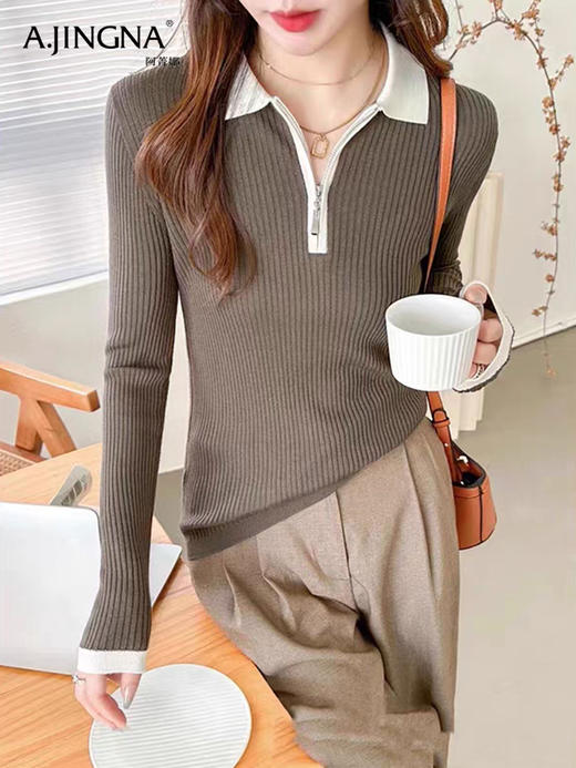 【经典高雅】阿菁娜POLO领纯羊毛修身撞色套头毛衫F30Q302057 商品图0