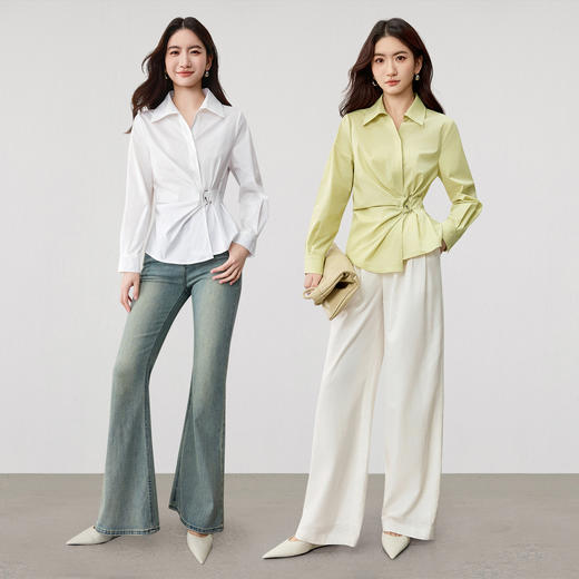 【内购】【收腰显瘦】通勤设计感翻领不对称收褶环扣设计后腰松紧长袖衬衫-W53CA2861 商品图2