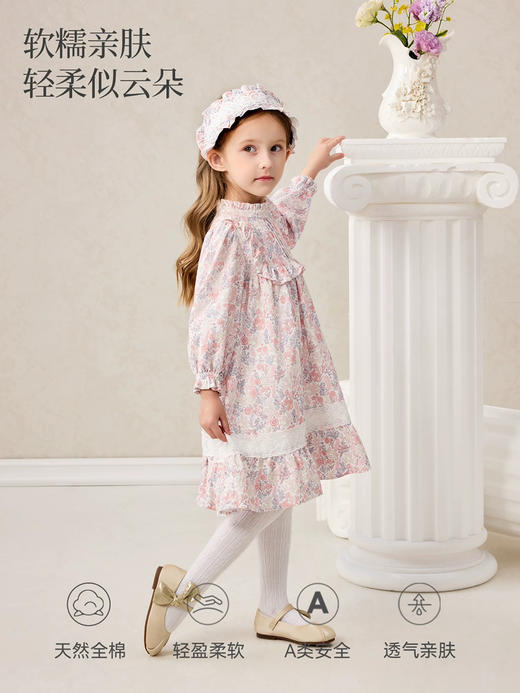 Domiamia 女宝宝梭织长袖花边领连衣裙 春秋冬款时尚碎花泡泡袖公主裙 商品图0