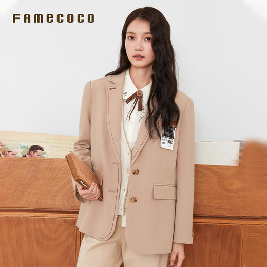 Famecoco西装外套拼接设计明线刺绣通勤风女装春秋款FAB6AW008 商品图2