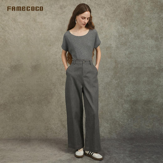 Famecoco设计师款中性风阔腿裤纯棉百搭高腰休闲裤长裤FAC6GA017 商品图4