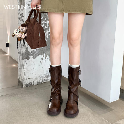 西遇超火裤管靴女新款秋冬辣妹西部牛仔骑士靴皮带扣堆堆长靴V1957148 商品图1