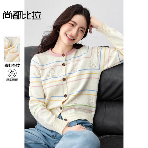 【内购】【彩虹云朵衫】优雅通勤圆领撞色扣条纹镂空花卉弹力厚开衫针织衫-W53HB2272 商品图0