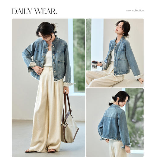 【内购】【拼接撞色花边】轻复古简约通勤立领插肩袖宽松显瘦纯棉牛仔外套-W51W80480 商品图3