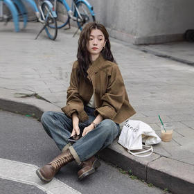 复古咖色牛仔短外套2026春秋新款小众宽松立领工装夹克上衣女