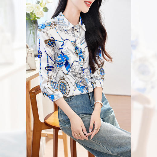 AS 0112桑蚕丝趣味印花真丝衬衫polo领长袖花色通勤衬衣 商品图1