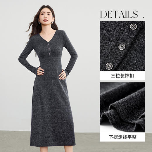 【内购】【三种穿法】通勤V领撞色扣装饰可拆卸披肩弹力针织长款A字连衣裙-153LI3104 商品图3