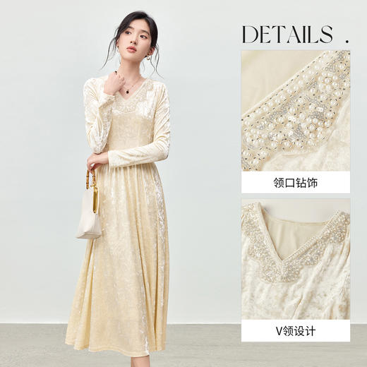 【内购】【丝绒连衣裙】都市V领橡筋松紧腰A字裙丝绒连衣裙-154LI3533 商品图3