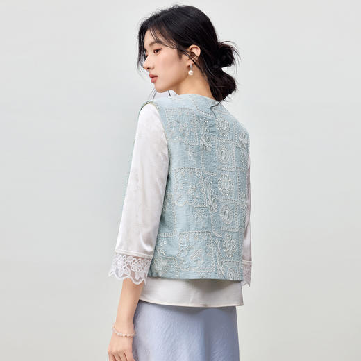 【内购】【东方绣韵】优雅通勤国风V领撞色扣珠片亮丝刺绣叠穿无袖马夹-T53JD1763 商品图2