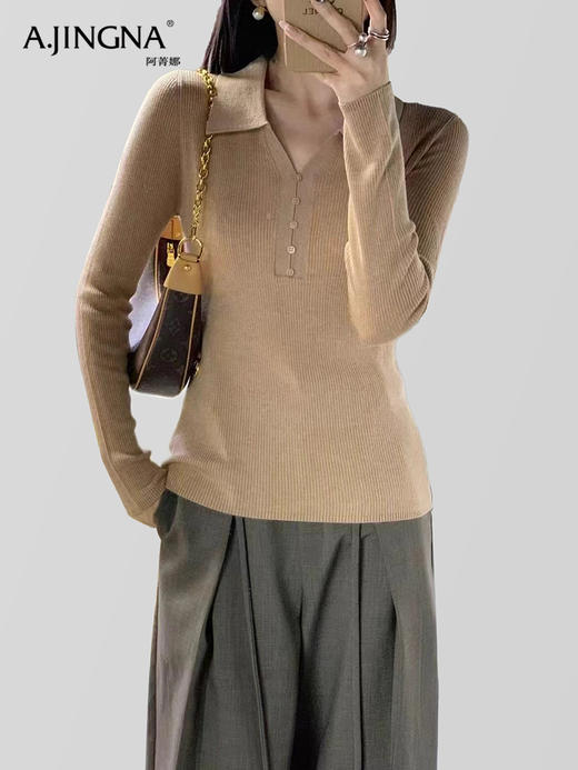 【温暖无压】阿菁娜优雅翻领柔弹修身针织衫F30Q302056 商品图1