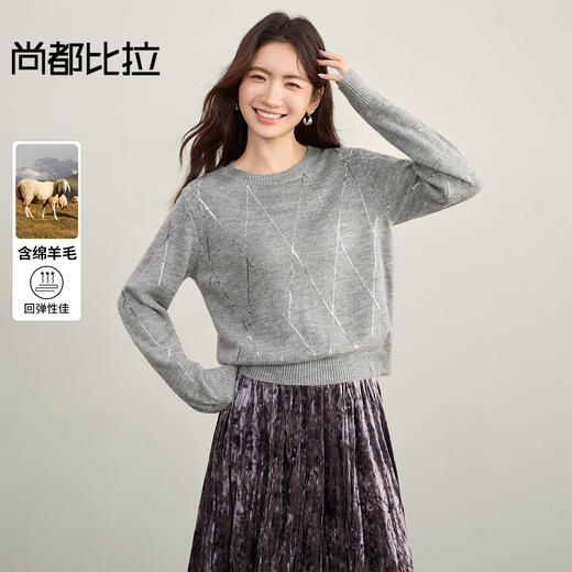 【内购】【含绵羊毛】简约通勤圆领珠片绣菱格设计软糯弹力显瘦毛衣-W53EE3847 商品图0