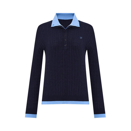 【2件9折】【Petit Bari】(多色)高级拼色假两件半开领绞花针织衫上衣羊毛 商品图2